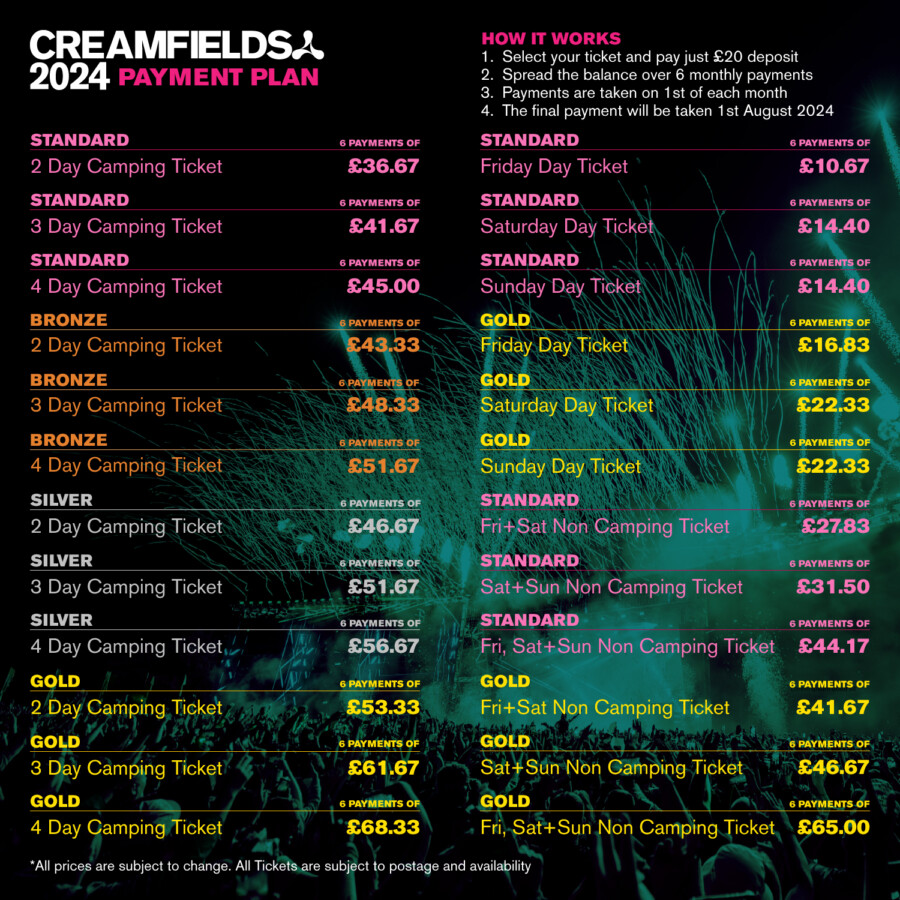 Creamfields info + faq category payment plans