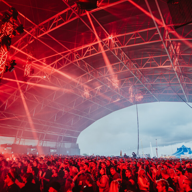 Crowd with red lights
